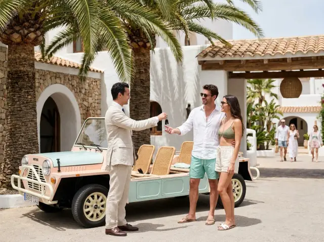 Huéspedes de hotel recibiendo llaves de beach car vintage eléctrico en Ibiza — Retro Rides