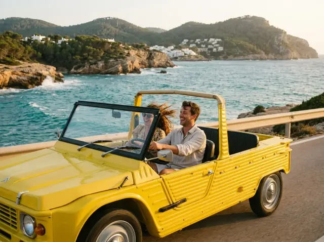 Bright yellow Citroën Mehari electric beach car guided tour on Ibiza coastal road at sunset — Retro Rides