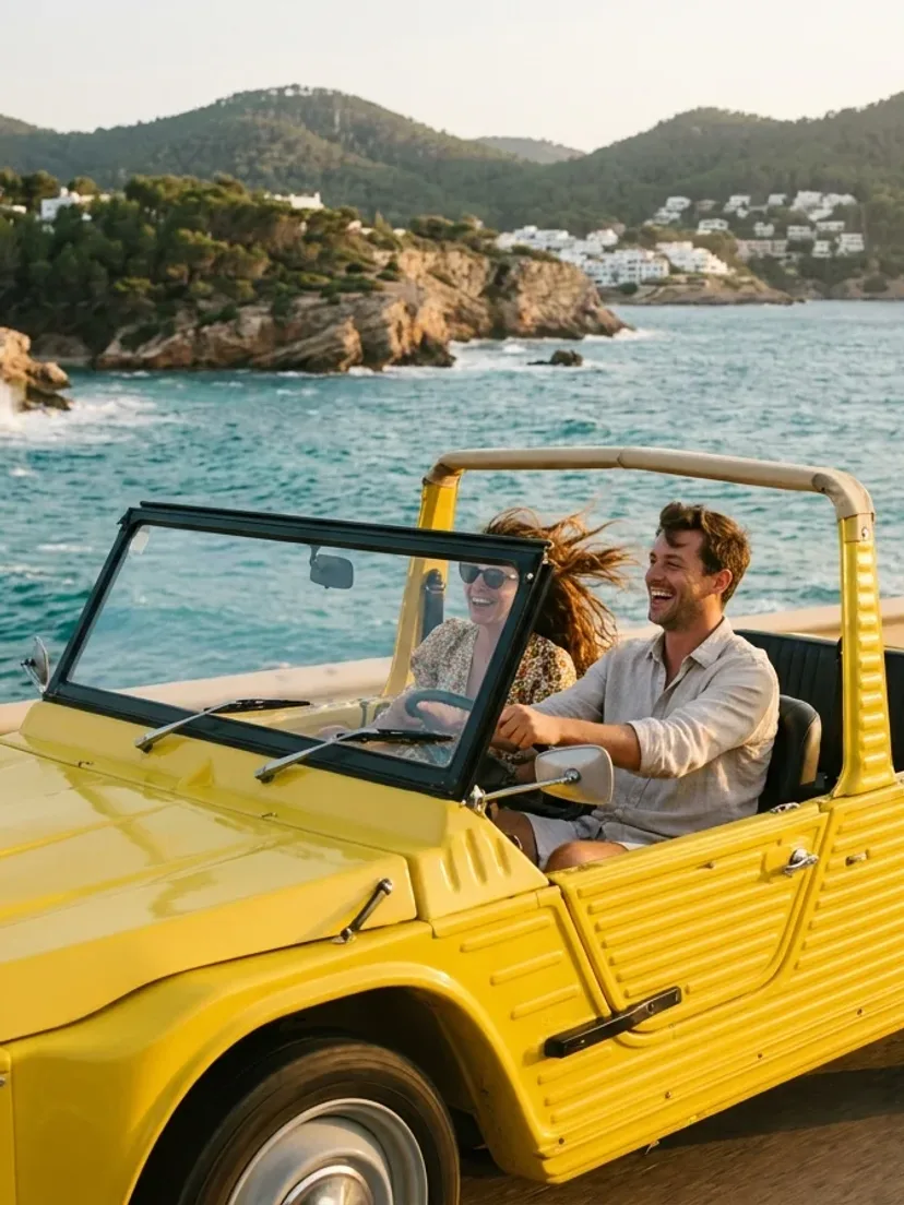 Citroën Mehari eléctrico amarillo en tour guiado por carretera costera de Ibiza al atardecer — Retro Rides Ibiza