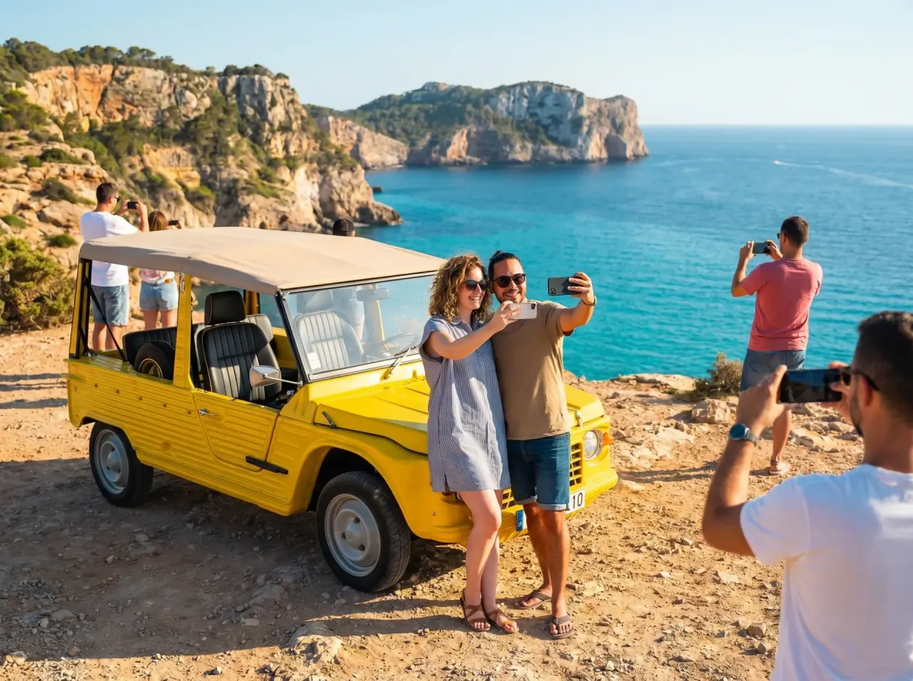 Yellow Mehari tour photo stop at Ibiza clifftop with turquoise Mediterranean sea — Retro Rides