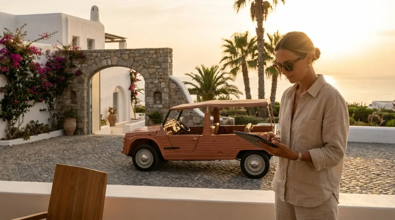 Conserje de hotel en Ibiza consultando disponibilidad de tours en coche vintage eléctrico — programa partner Retro Rides