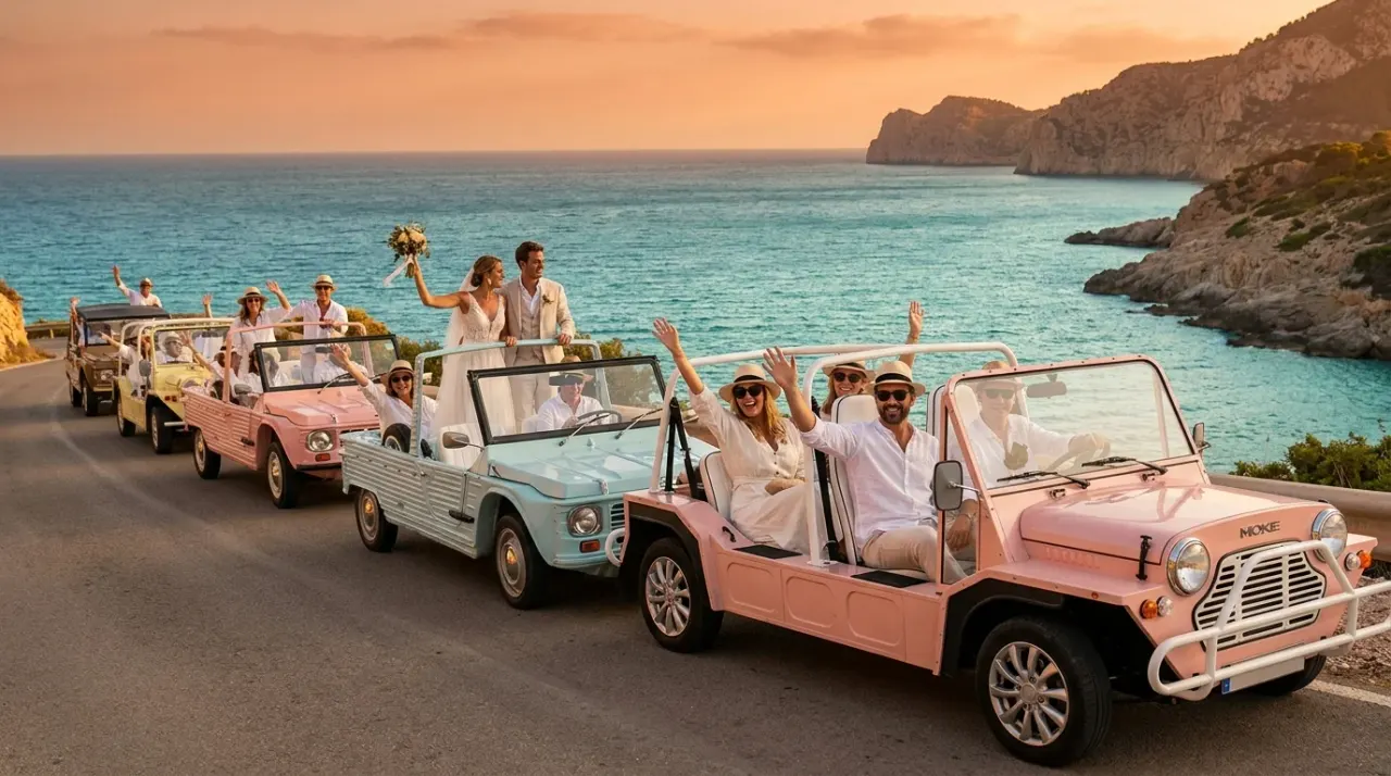 Convoy Mehari y Kate eléctricos en carretera costera de Ibiza para eventos privados — Retro Rides Ibiza
