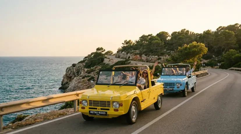 Convoy Mehari y Kate eléctricos en carretera costera de Ibiza — reserva online con Retro Rides