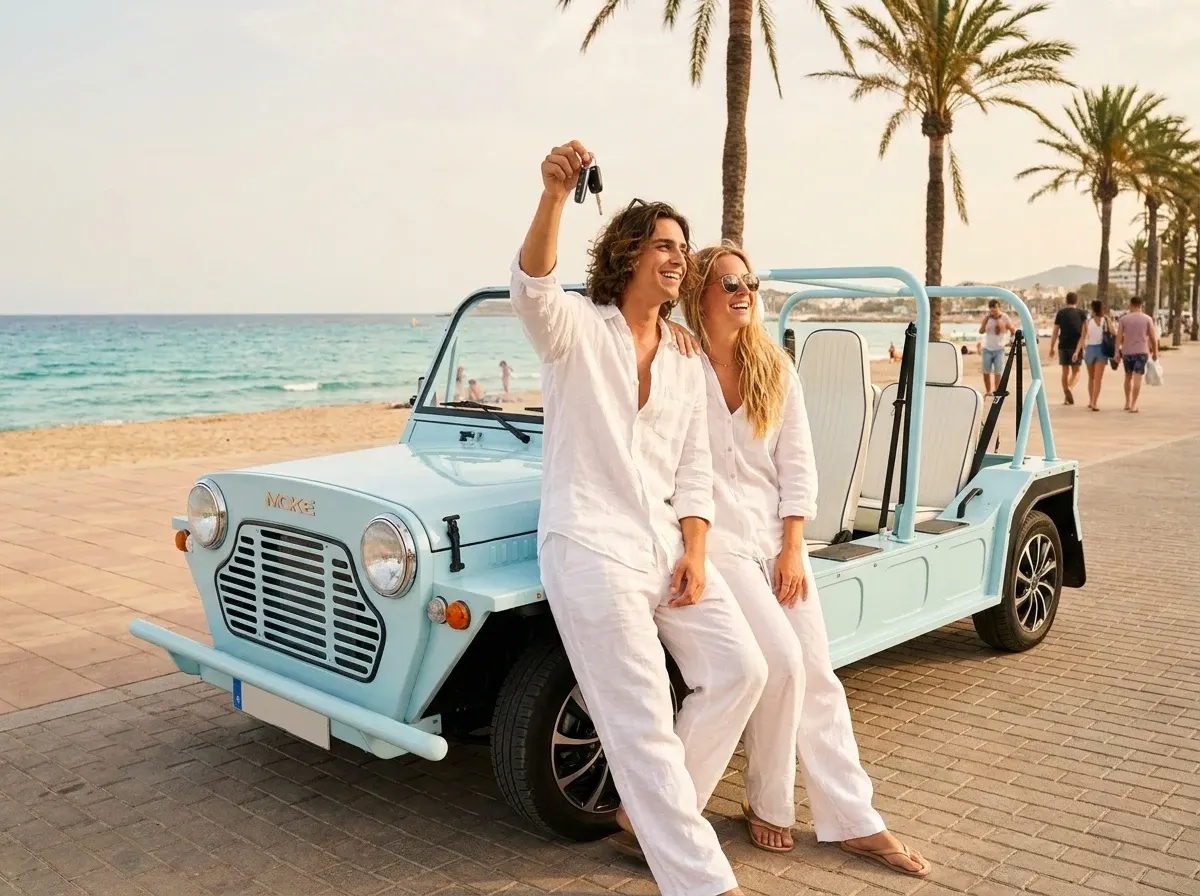Light blue electric Kate Moke beach car at Ibiza scenic lookout — Retro Rides daily rental Playa d'en Bossa