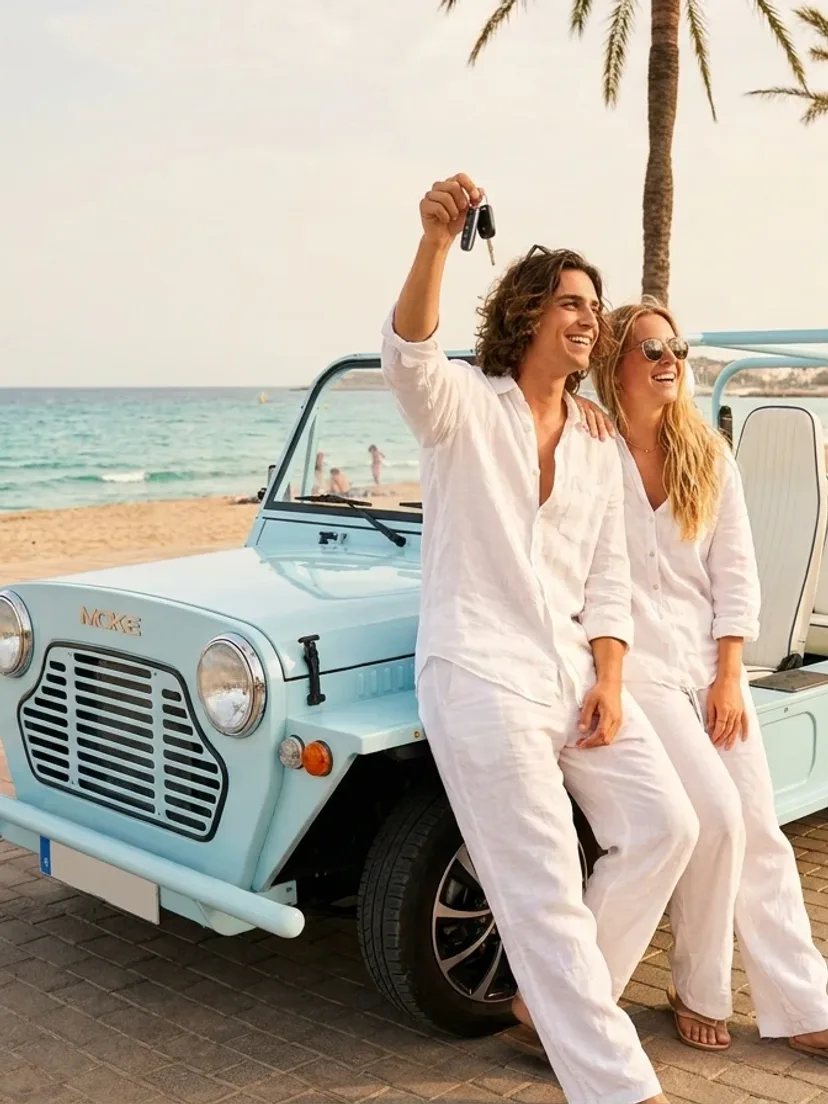 Light blue electric Kate Moke beach car at Ibiza scenic lookout — Retro Rides daily rental Playa d'en Bossa
